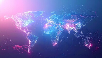 Futuristic world map with neon lights and connected network lines