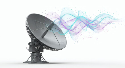 Satellite dish transmitting waves across a digital network for global communication and data transfer