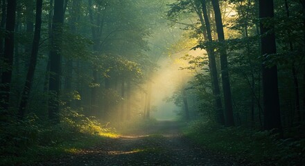 Forest path illuminated by sunlight