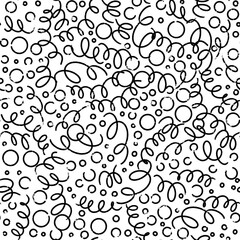 Black and white line doodle seamless pattern. Creative style art background. Simple party confetti texture, childish scribble shape backdrop.