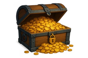 Open wooden treasure chest overflowing with gold coins on transparent background