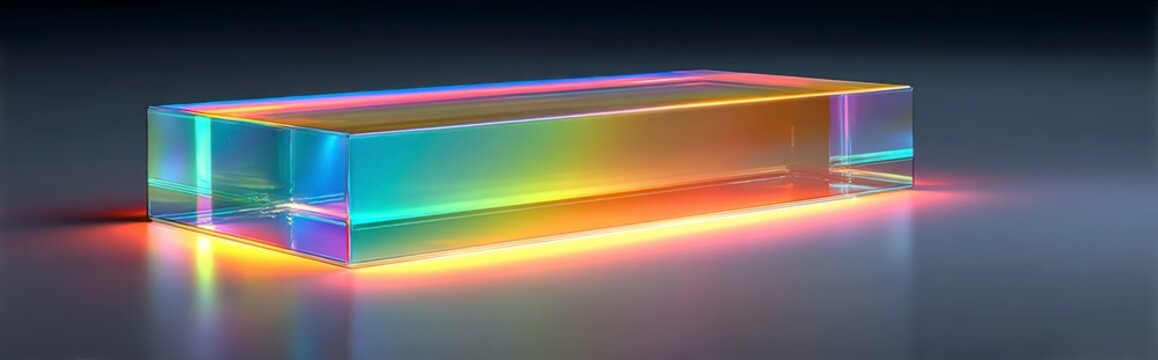 Captivating glass block reflecting rainbow colored light against a dark background creating a holographic sheen that adds depth and intrigue to modern artistic representations