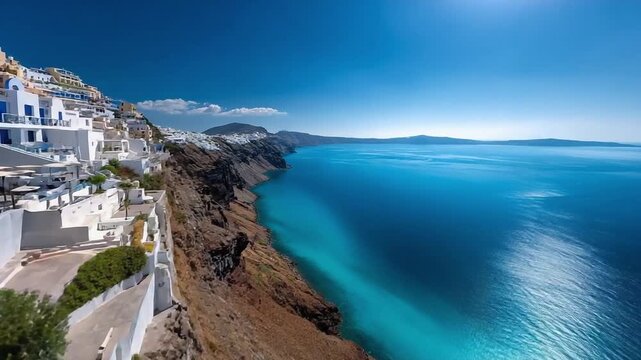 Whitewashed cliffside houses along a turquoise Aegean Sea, with an infinity pool in the foreground &mdash; Santorini, Greece.