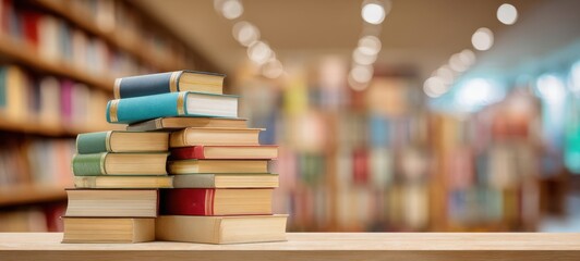 The stack of colorful books on a wooden table in a cozy library setting.