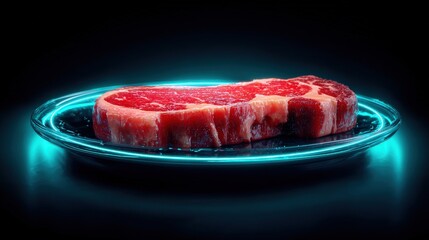 Neon Raw Steak on Plate with Black Background