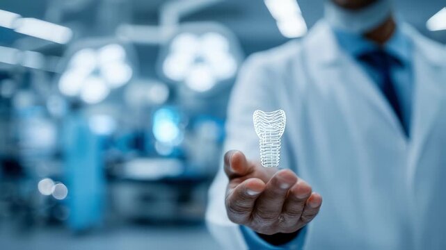 Focused medium view of a professional showcasing a lightweight titanium implant produced via 3D printing emphasizing innovation with a blurred hospital theatre behind.