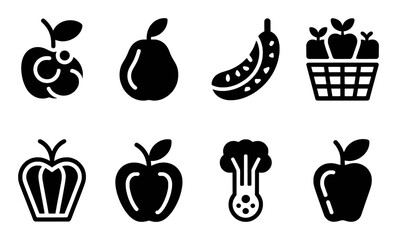 Collection of Black and White Fruit and Vegetable Icons