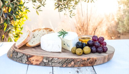 Cheese platter with bread, olives, and grapes