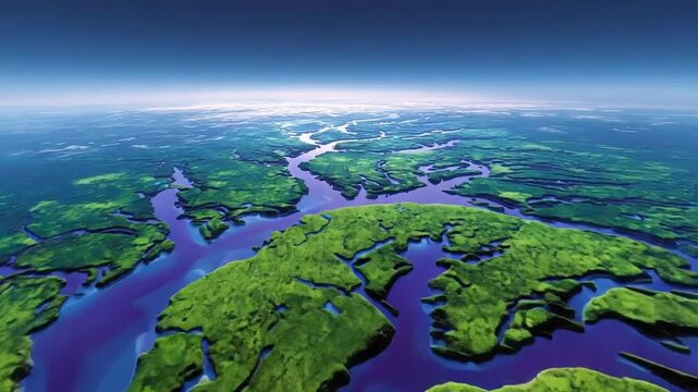 Aerial view of a sprawling braided river delta with emerald green islands and winding blue waterways stretching toward the horizon