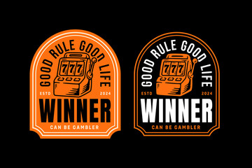 Lucky 777 slot retro badge design for gambling and lottery themes. Slot machine winner vintage emblem . vector with jackpot 777 design. Classic gambling slot emblem illustration for casino