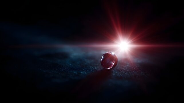 A single small reflective orb bathed in a dramatic bright solar flare or eclipse illumination against a dark textured background - Powered by Adobe