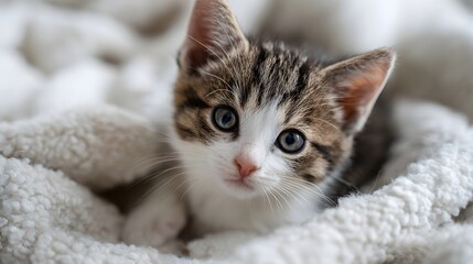 Adorable tabby kitten with curious blue eyes peeking from a cozy white blanket