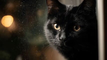 A black cat with striking yellow eyes peers through a window at night illuminated by soft ambient light