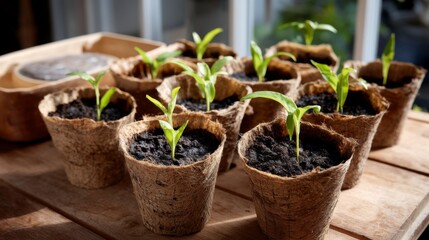 Growing green seedling cultivation in natural environment indoor gardening close-up viewpoint sustainable concept
