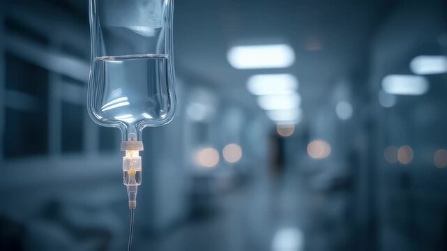 Welllit medium shot of a bedside phage therapy IV bag the bag and drip chamber sharply defined against a hospitals softly blurred environment demonstrating advanced infection