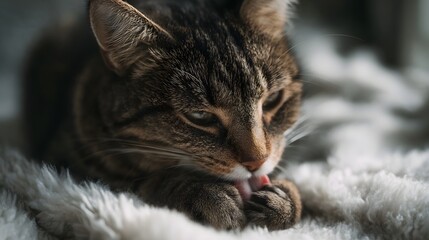 Close up of a tabby cat licking its paw while resting on a soft fluffy blanket with natural light