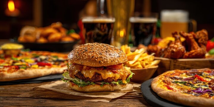 The delicious burger surrounded by a feast of appetizers and drinks. - Powered by Adobe