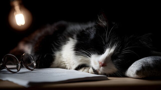 A black and white tuxedo cat slumbers peacefully on an open book with reading glasses nearby illuminated by a warm desk lamp