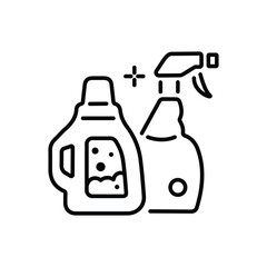 Two cleaning product bottles one with a spray nozzle and bubbles. Editable stroke. Vector icon illustration