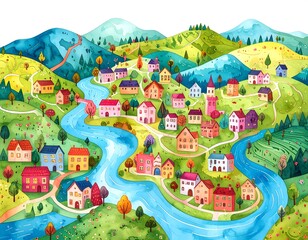 Watercolor landscape of idyllic village