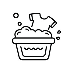 A line drawing shows a washbasin filled with sudsy water and a tshirt hanging on the side Two bubbles float in the air and two drops fall. Editable stroke. Vector icon illustration