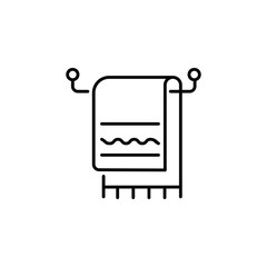 A towel hangs on a towel rack The towel has stripes and fringe The rack has curved supports. Editable stroke. Vector icon illustration