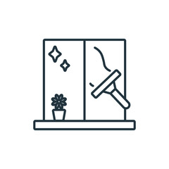 A window being cleaned by a squeegee with a potted plant and sparkles on one pane. Editable stroke. Vector icon illustration