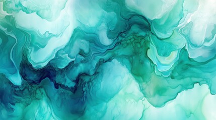 Abstract fluid art with swirling patterns of turquoise, teal, and deep blue ink on a white background