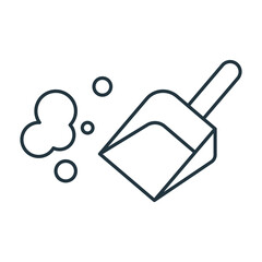 Outlined scoop with handle next to outlined cloud shape and three small circles. Editable stroke. Vector icon illustration