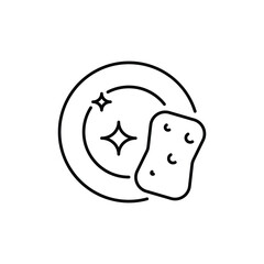 A drawing of a clean dish being cleaned by a sponge. Editable stroke. Vector icon illustration