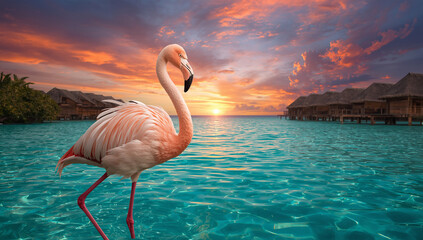 Flamingo wading in turquoise water at sunset with overwater bungalows in the background.