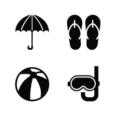 Black Icons of Beach Umbrella Flip Flops Beach Ball and Snorkel Mask on White Background summer