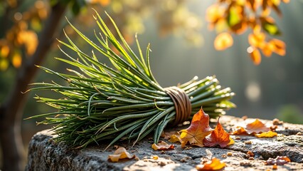 Bundle of fresh green chives on sunlit stone with autumn leaves