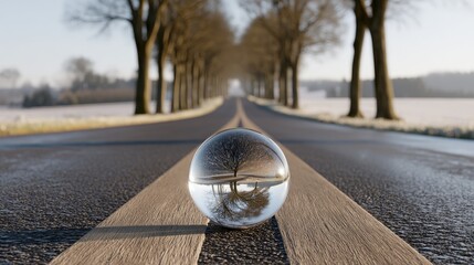 Snow gently blankets a winding road, while a crystal ball prominently displays a captivating reflection of the landscape