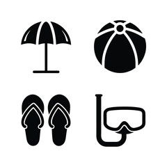 Black Icons of Beach Umbrella Flip Flops Beach Ball and Snorkel Mask on White Background sandals