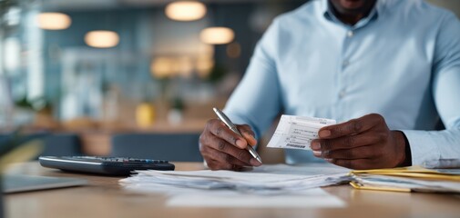 The man reviewing important financial documents in a modern office space.