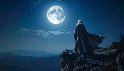 Elder wizard on mountain cliff under full moon, silver robes glowing in mystical wind, night sky full of stars creating dramatic cinematic fantasy atmosphere.