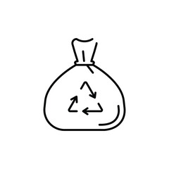 An outlined trash bag with a recycling symbol on it. Editable stroke. Vector icon illustration