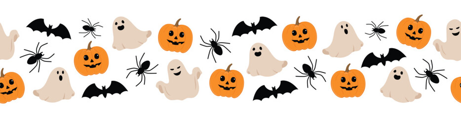 Halloween seamless border. Pumpkins, bats, spiders, ghosts on white background.