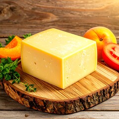 Cheese wedge on wooden board with fruit
