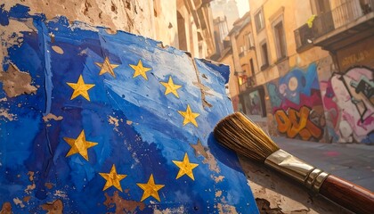 Weathered EU flag art, paintbrush nearby
