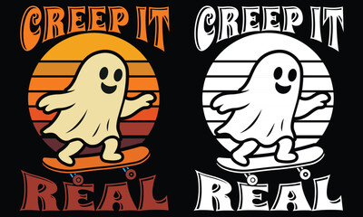 Creep It Real Ghost Skateboard Halloween Cartoon Illustration
