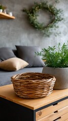 Natural elements harmoniously blend in this inviting living area, showcasing a wooden table, wicker baskets, and lush greenery
