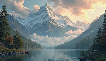 Beautiful alpine mountain landscape with calm lake