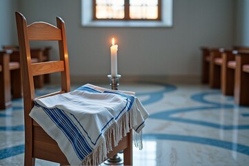 Candlelit chair with jewish prayer shawl in peaceful synagogue setting