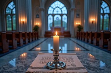 Obraz premium Elegant candlelit church interior with script on marble altar