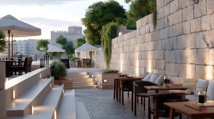 A charming courtyard features comfortable seating, soft lighting, and lush greenery, creating a serene atmosphere for relaxation