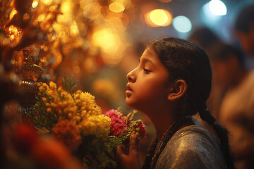 Young girl offering flowers at Durga pandal with glowing dusk lights.
