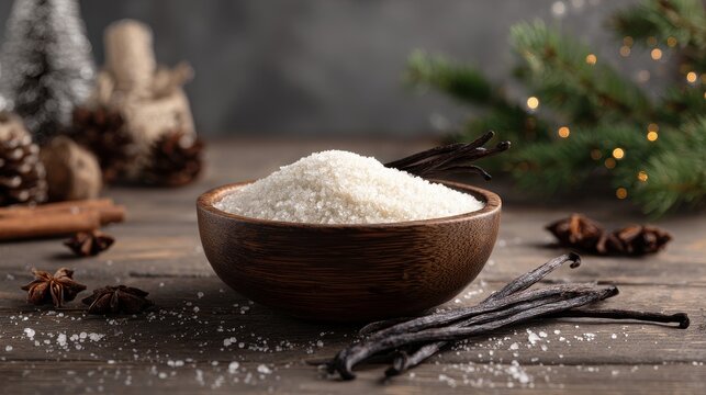 Beautiful photo of product photography, bright and clean lighting. A bowl of vanilla sugar in a wooden bowl with a few vanilla sticks in it. Several vanilla sticks and herbs.