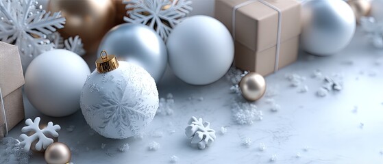 Soft white snowflakes, elegant ornaments, and pine cones create a cozy winter atmosphere with a blank card for personalized greetings